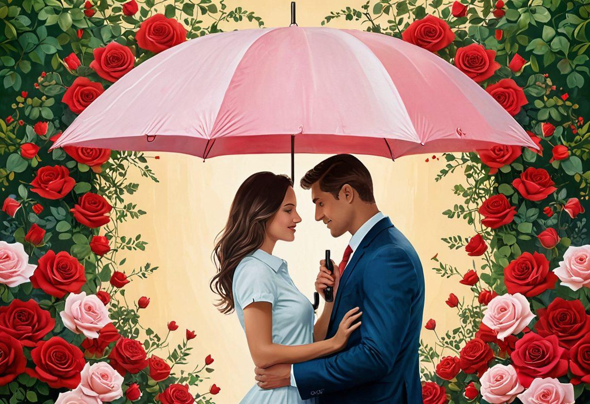 A heart-shaped shield representing love insurance, surrounded by vibrant, romantic symbols such as roses and hearts. Incorporate a couple embracing under a protective umbrella, with subtle icons of contracts and security. The background should be soft and dreamy, embodying warmth and affection. Bright, inviting colors to evoke a sense of safety and romance. painting. vibrant colors. soft focus.